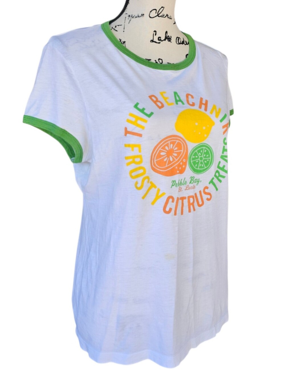 American Eagle White Citrus Graphic Tee with Green Trim - Picture 6 of 7